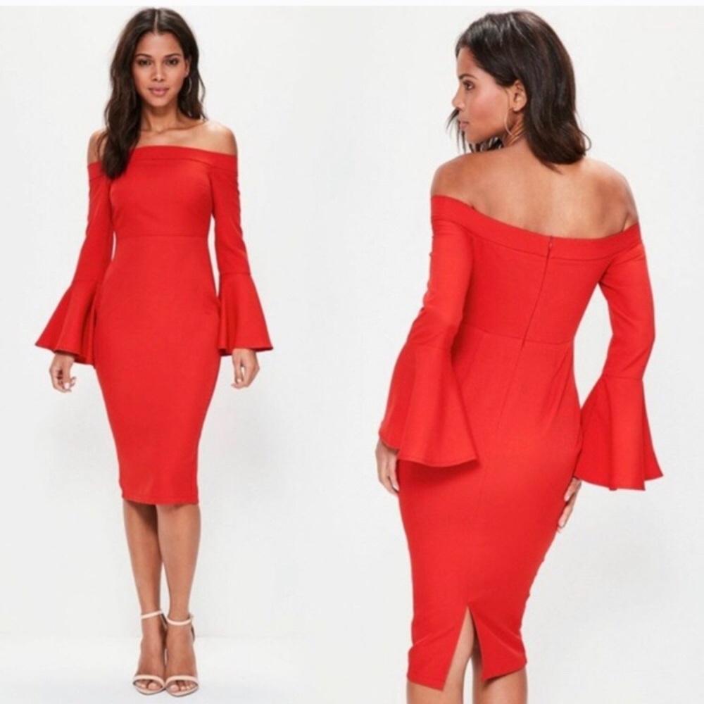 Missguided Red Frill Sleeve Tailored Midi Dress
